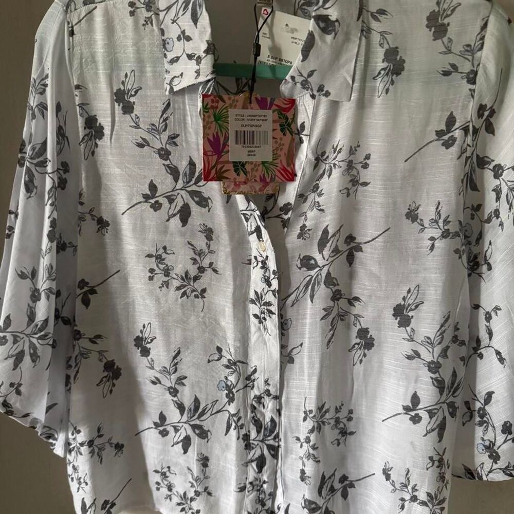 Cabana Women’s XL Floral Button-Front Shirt – Ivory